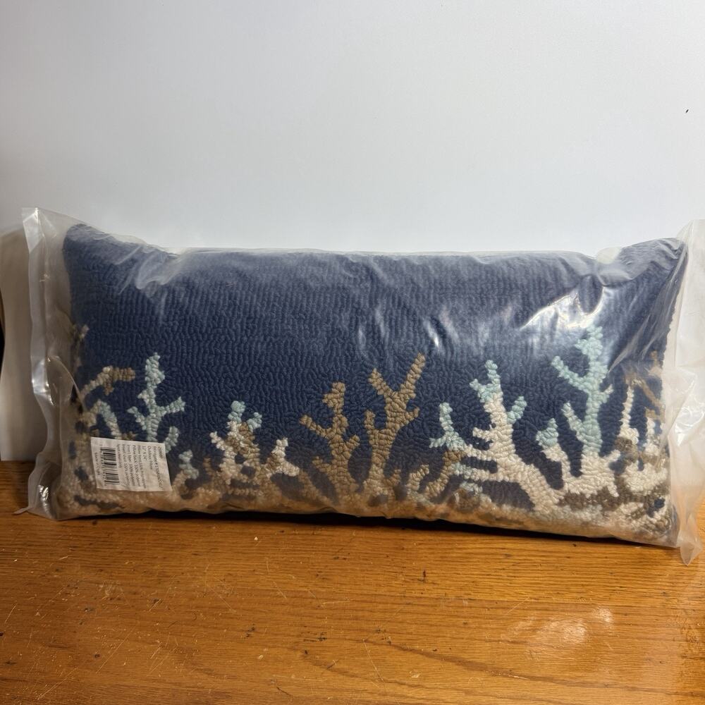 Blue White Tan Ocean Coral Outdoor Indoor Bolster Pillow 12x24 Coastal Beach